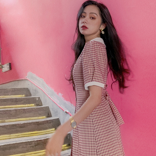 新款收腰气质a字裙夏天裙子小个子红色西装格子连衣裙女夏季