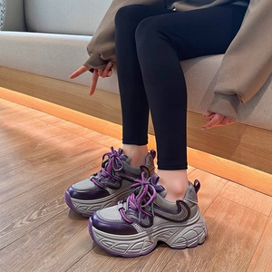 2025春夏新款网面透气真皮百搭爆款厚底休闲运动34内增高老爹鞋女