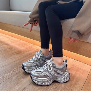 2025春夏季新款真皮小个子老爹鞋女款内增高厚底34码休闲鞋透气