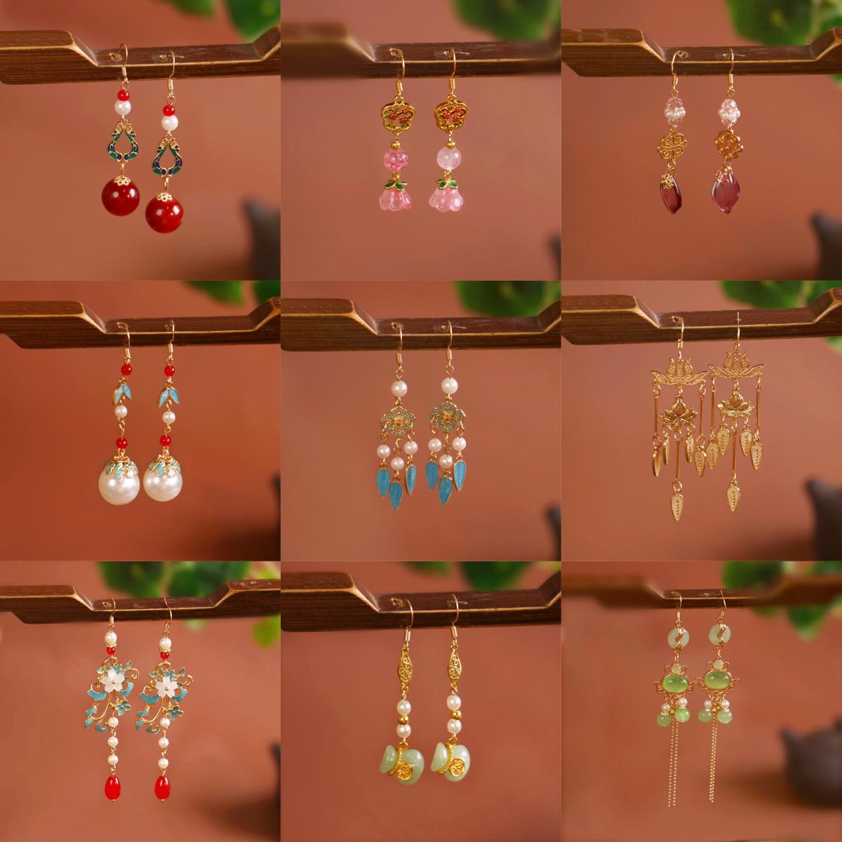 新款中式耳环汉服烧蓝长流苏国风耳坠旗袍配饰气质高级感耳饰古风