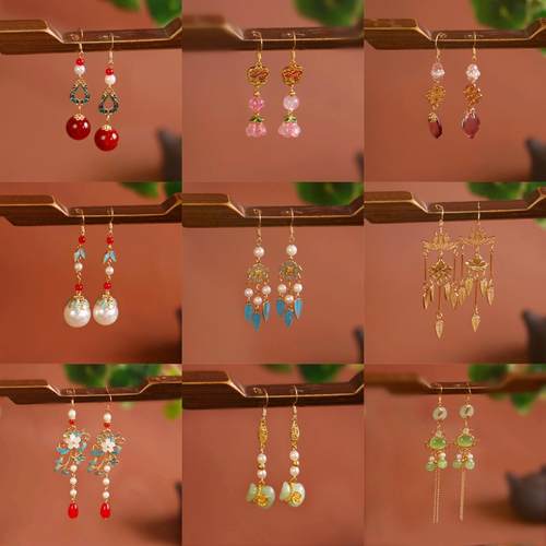 新款中式耳环汉服烧蓝长流苏国风耳坠旗袍配饰气质高级感耳饰古风