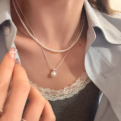 双层叠戴珍珠锁骨链女轻奢