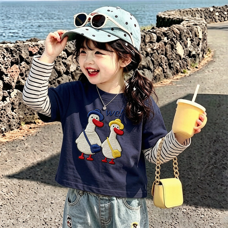 女童纯棉条纹长袖T恤春秋季上衣