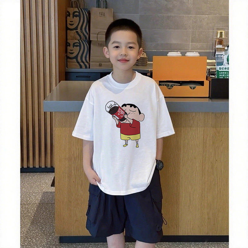帅气男童蜡笔小新卡通印花纯棉T恤男女童短袖宽松圆领白色上衣夏