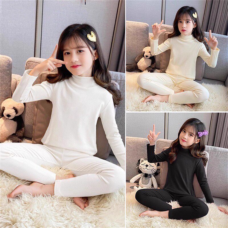 女童高领纯色保暖内衣套装德绒加绒打底衫秋衣秋裤中大童家居服