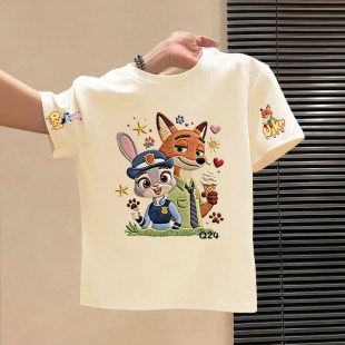 男女童纯棉疯狂动物城卡通印花夏季套头短袖T恤儿童圆领可爱上衣