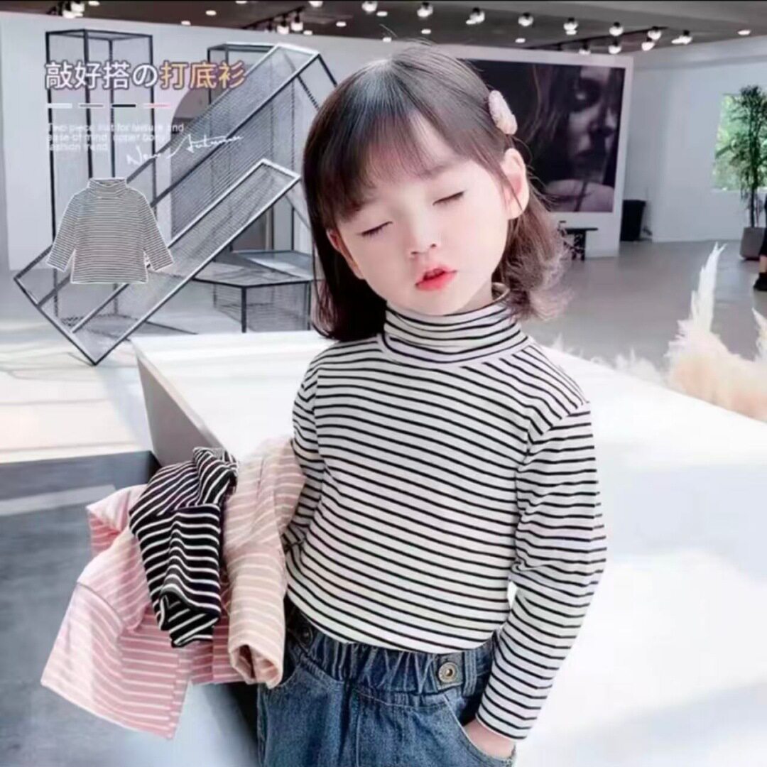韩版儿童德绒女童条纹高领打底衫长袖保暖内衣春秋加绒中大童上衣