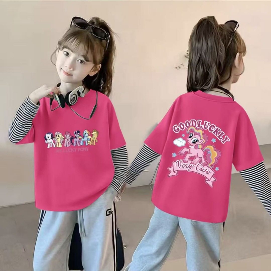 儿童韩式女童纯棉假两件卡通T恤条纹拼接长袖宽松上衣新款打底衫
