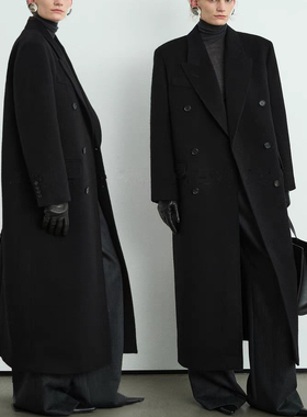黑色双面羊绒外套女冬季秘鲁INCA加厚高级感正肩长款毛呢西装大衣