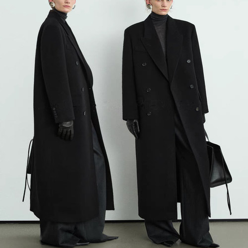 黑色双面羊绒外套女冬季西装大衣