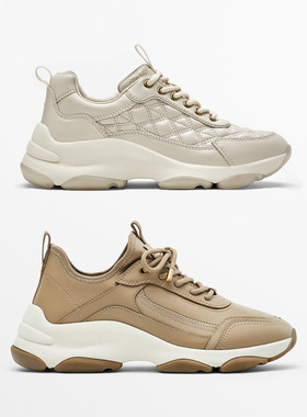 MD米色绗缝真皮休闲运动鞋老爹鞋 11306950719Massimo Dutti女鞋