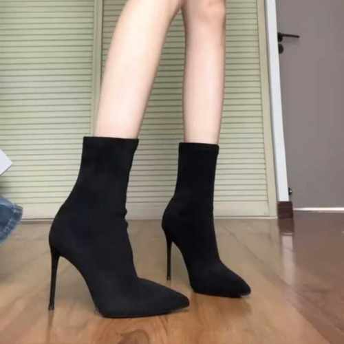 网红裸靴黑色秋冬弹力绒面细跟