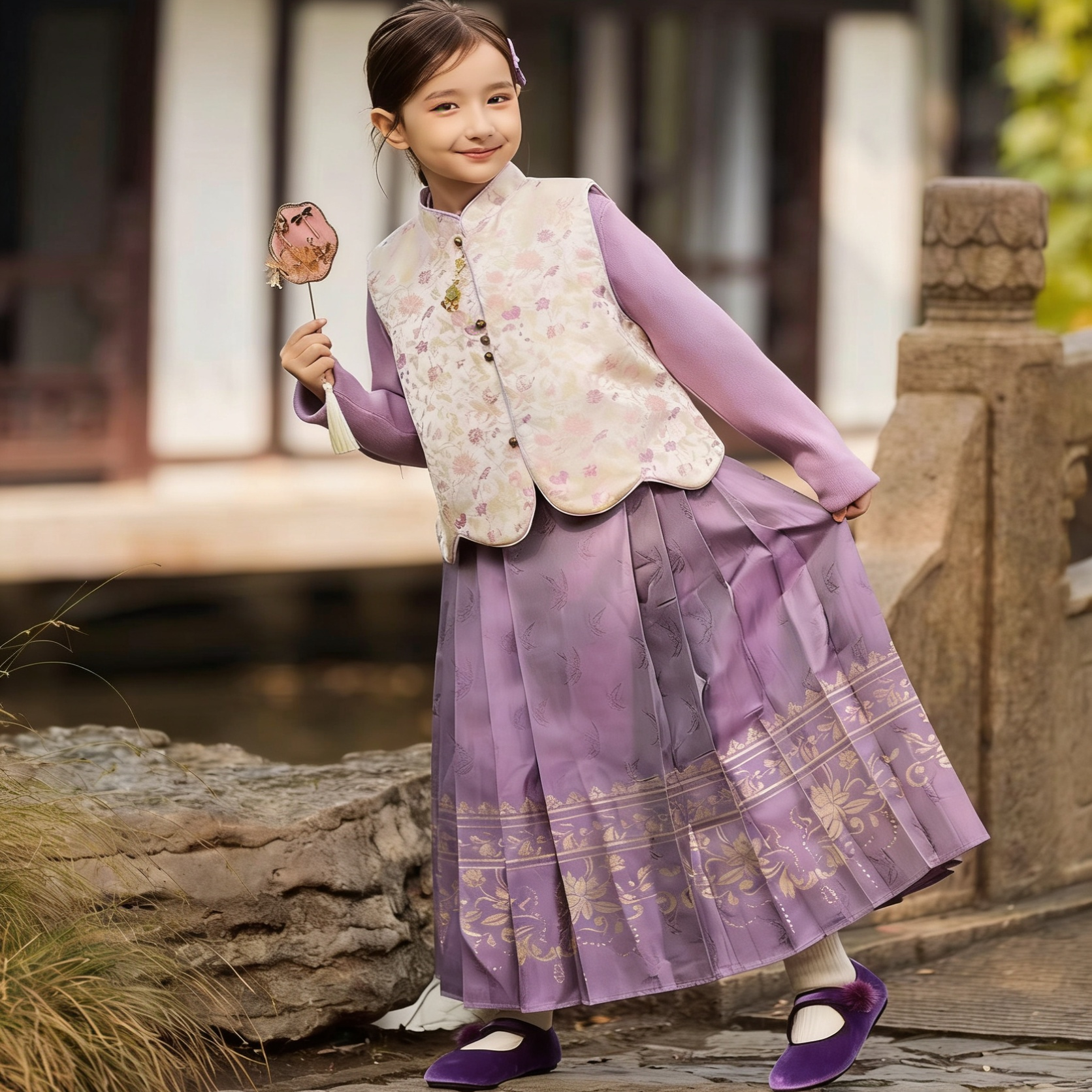 女童新中式汉服套装紫色刺绣马面裙立领盘扣国风连衣裙年款两件套
