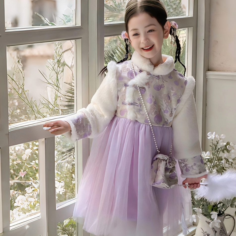 女童2025年秋冬新款加绒加厚保暖年服小女孩洋气改良旗袍公主裙子