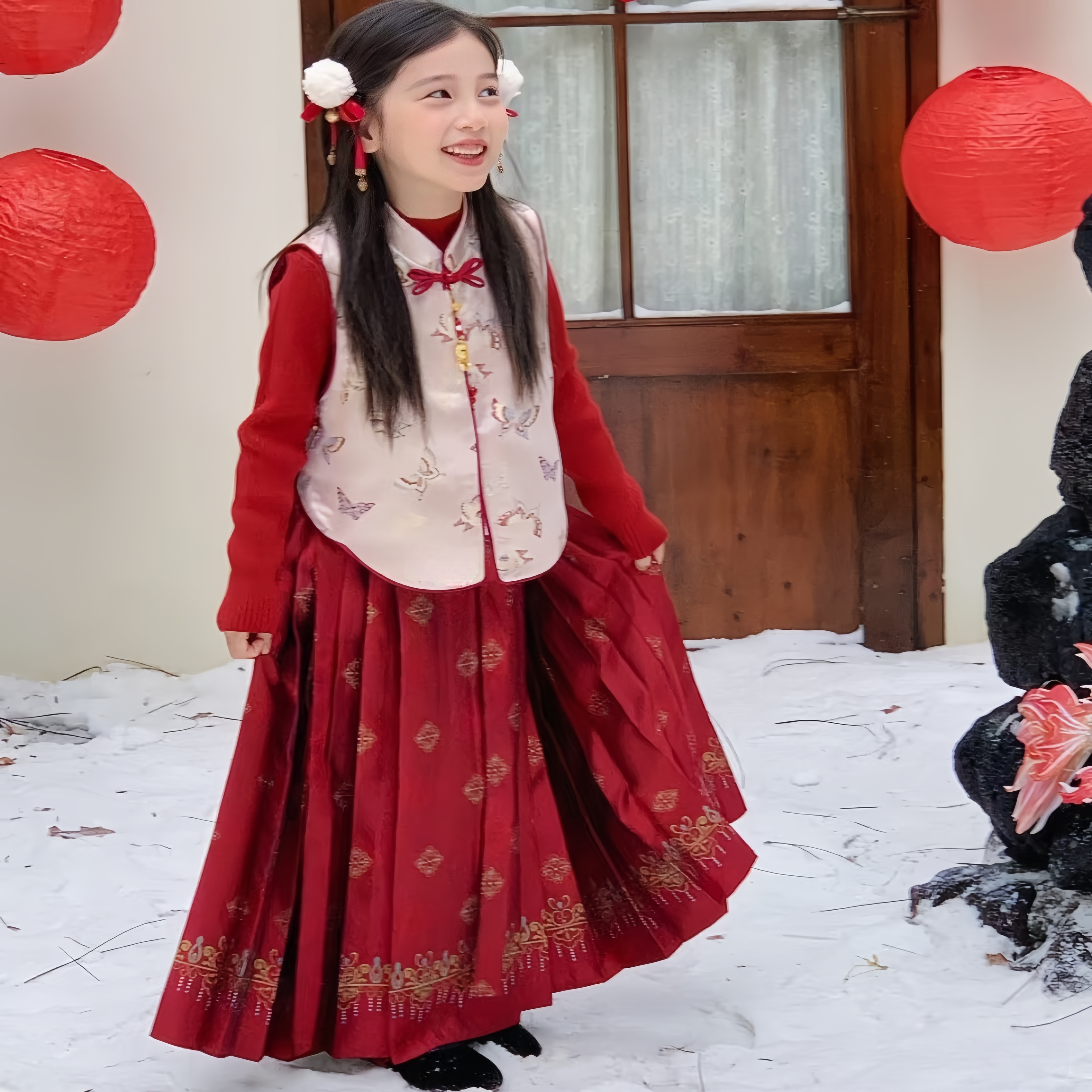 女童2025秋冬新款国风马甲套装儿童洋气拜年服公主裙新年三件套裙