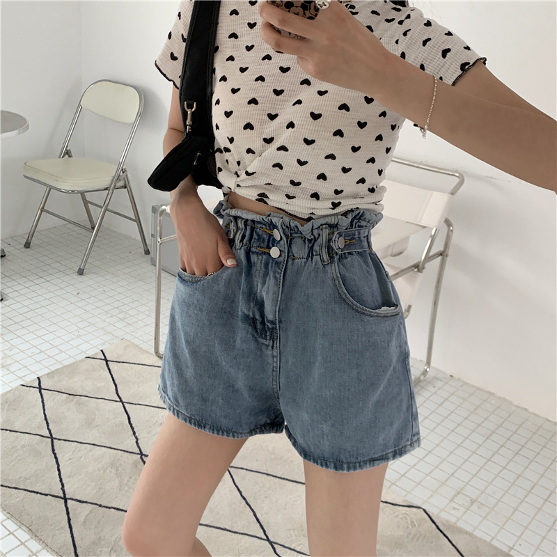 Real shot / real price Korean high waist versatile flower bud Waist Wide Leg Jeans Shorts hot pants women's fashion