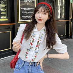 Real shot / real price Korean style retro design embroidery flower Lapel short sleeve shirt