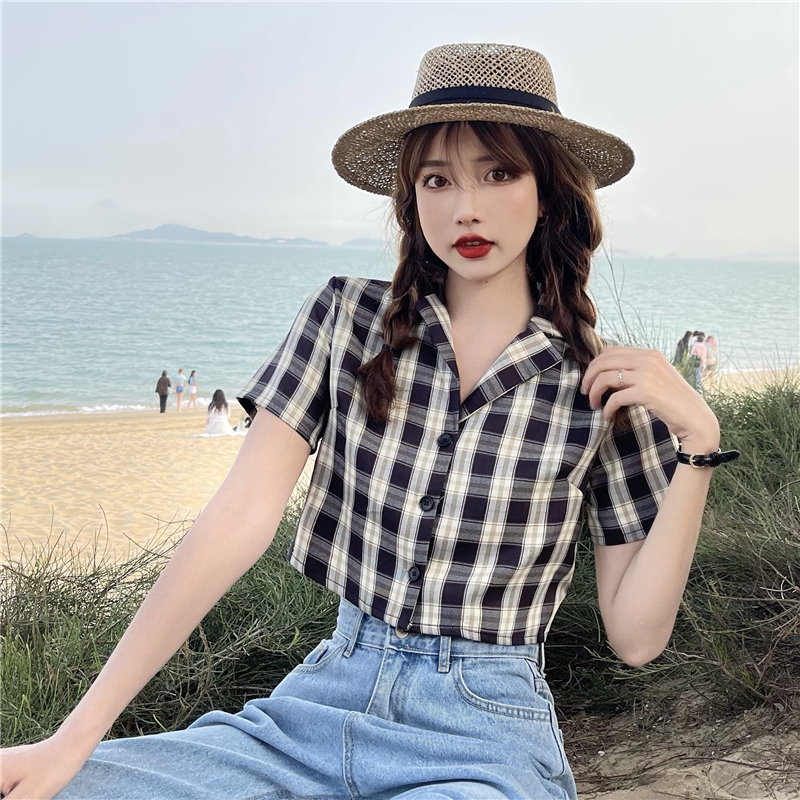 Real shot / real price Korean versatile design personalized Plaid short sleeve shirt
