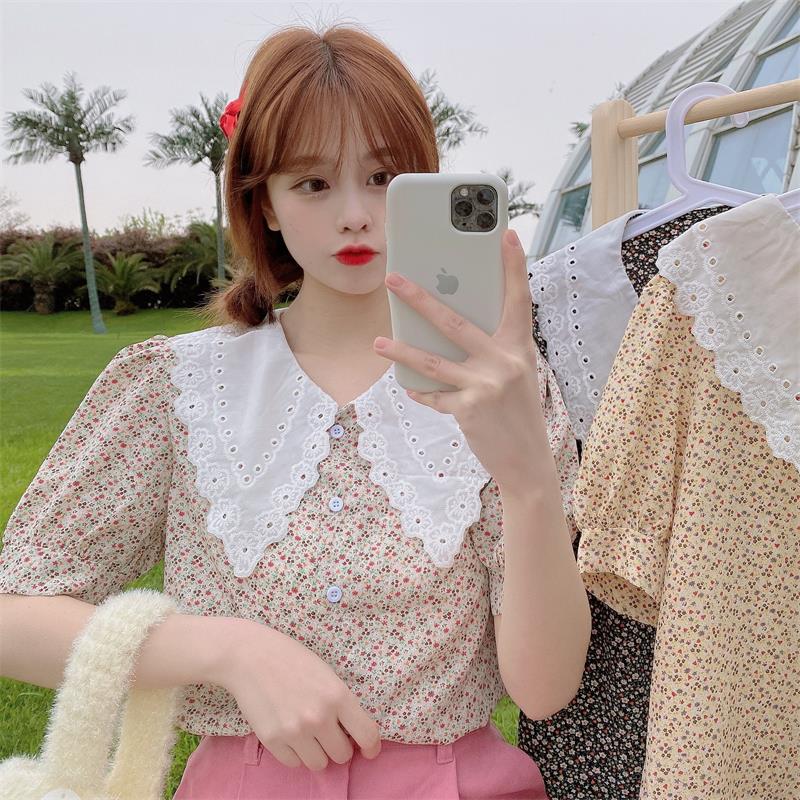 Real shot / real price Korean version super fairy age reducing baby collar splicing soft Floral Chiffon bubble sleeve short sleeve shirt