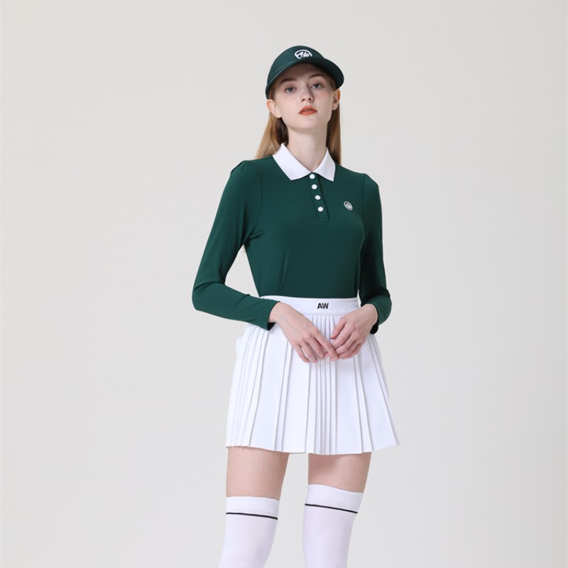 乐为高尔夫女装新款长袖韩版墨绿golf服装女士上衣秋款2023网球裙