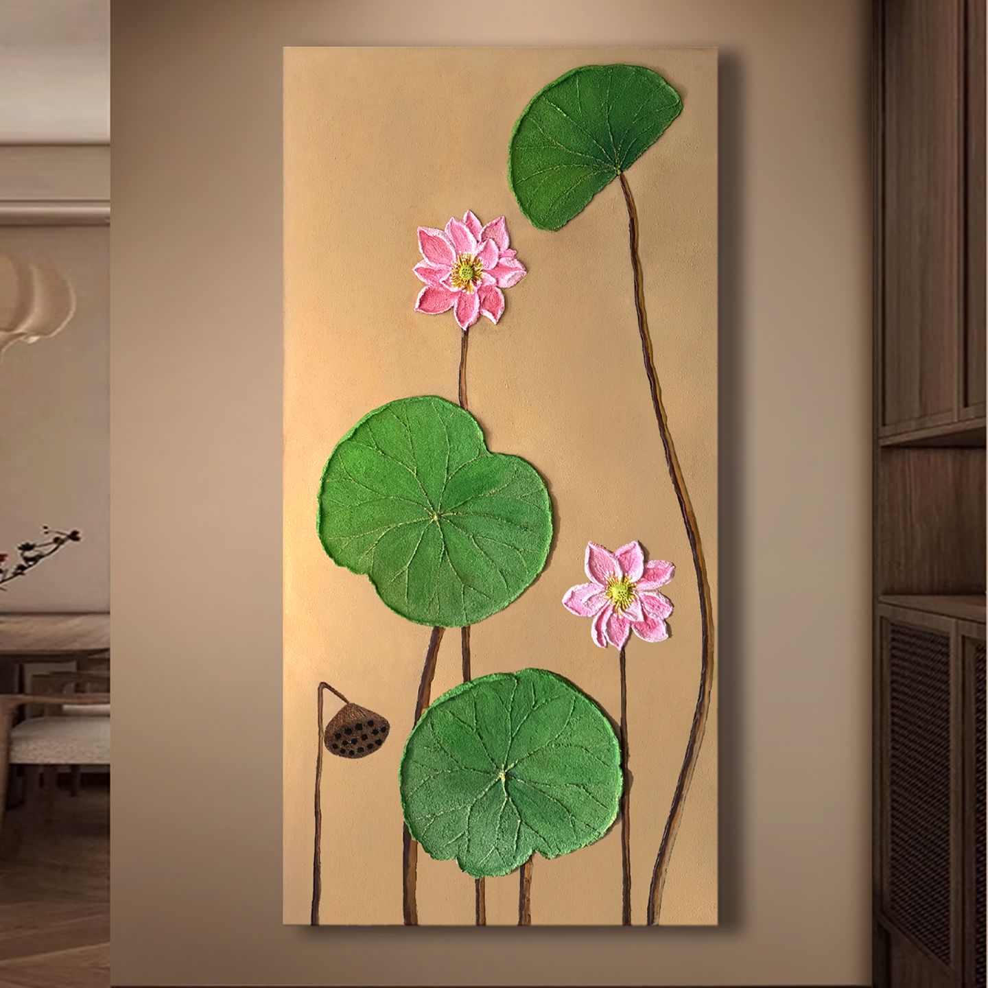 东南亚风格禅意绿叶荷花装饰画描金手绘砂岩油画立体粗糙质感挂画图片