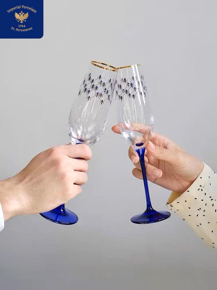 俄皇lomonosov玻璃酒具钴蓝网纹系列香槟杯结婚送礼红酒对杯礼盒
