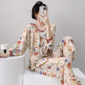 薄款 人造棉春秋外穿宽松妈妈款 长袖 套装 家居服 开衫 棉绸睡衣女夏季