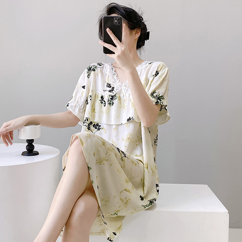 防凸点夏季棉绸睡裙薄款妈妈睡衣