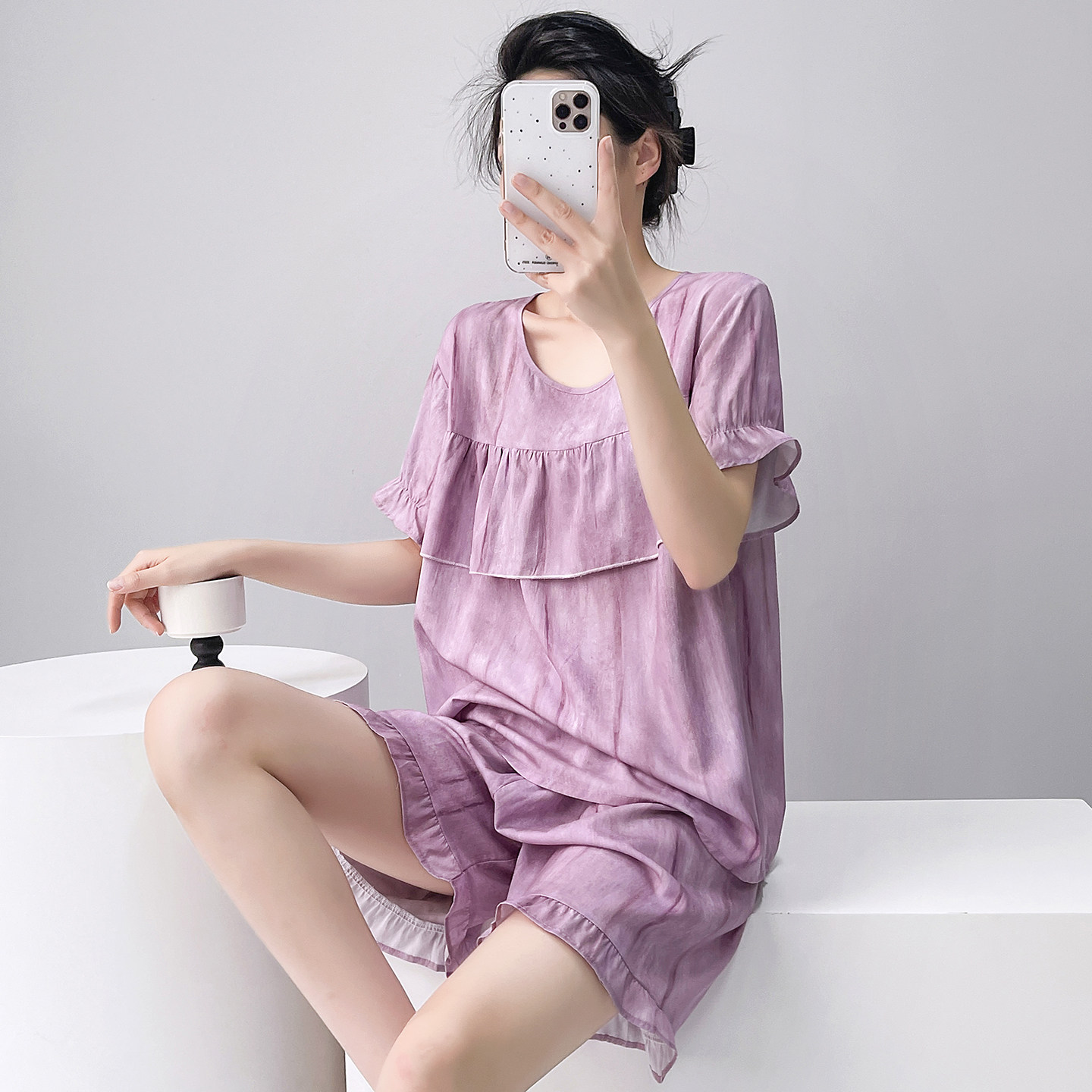 文艺风棉绸睡衣女夏薄款简约防凸点短袖短裤套装人造棉外穿家居服 - 实物图