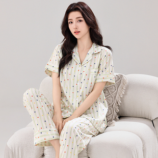 开衫 夏季 棉绸睡衣女春秋短袖 套装 简约可外穿家居服 薄款 人造棉大码
