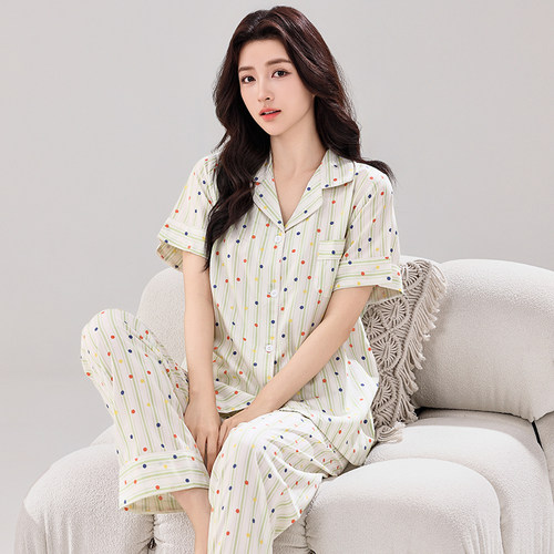 棉绸睡衣女春夏季短袖开衫家居服