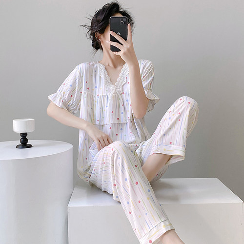 防凸点棉绸睡衣女夏季短袖家居服
