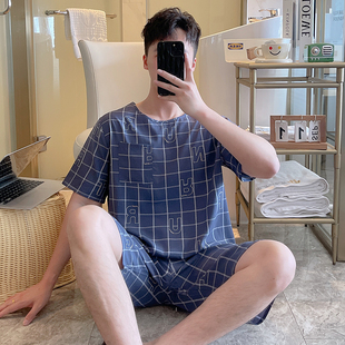 短袖 套装 棉绸睡衣男夏季 短裤 中年爸爸可外穿家居服 人造棉薄款 大码