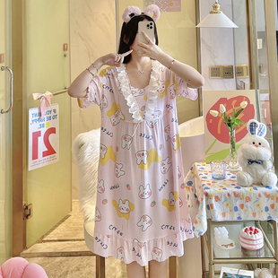 人造棉连衣裙甜美外穿家居服 棉绸睡裙女夏季 薄款 大码 睡衣卡通短袖