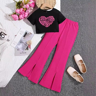 春夏季ins女童套装黑色字母印花短袖T恤玫红微喇叭开叉长裤两件套