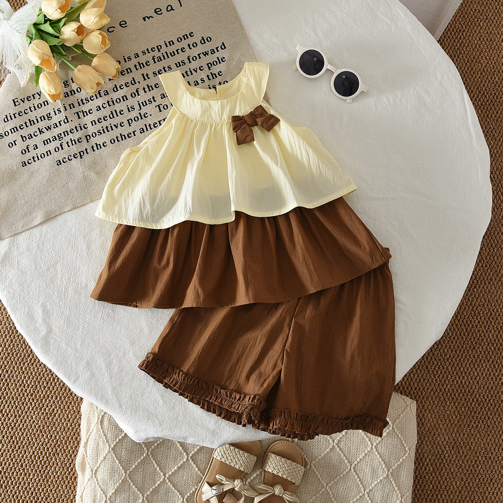 2026夏季新款女童韩版套装撞色拼接蝴蝶结无袖背心短裤两件套装,童装/婴儿装/亲子装,套装,淘宝优惠券,粉丝福利购,淘宝优惠卷