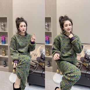 家居服套装 秋冬韩版 奥利绒长袖 条纹休闲慵懒风睡衣女洋气时尚 大码
