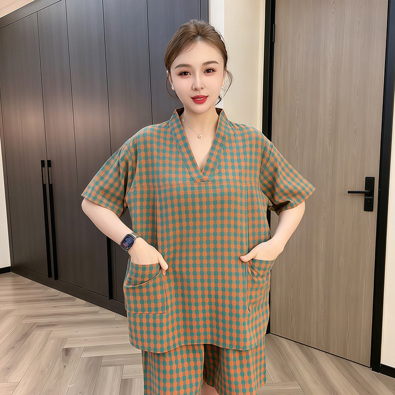韩系格子短袖睡袍女夏季新款舒适家居服可外穿汗蒸服套装