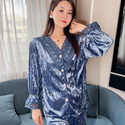 秋冬新款蕾丝花边金丝绒睡衣女网红甜美气质高级感长袖家居服套装