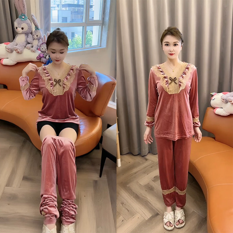 秋冬韩版V领蕾丝边甜美睡衣女时尚洋气大码舒适金丝绒家居服套装