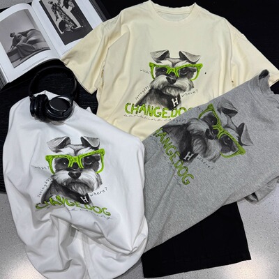 欧货bobo1972夏季新款简约通勤减龄撞色字母印花眼镜狗狗短袖T恤