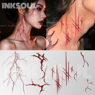 INKSOUL 万圣节线条血痕刀疤仿真纹身贴假伤口血迹闪电瓷裂ins风