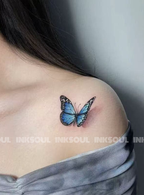 青花蝶梦 | 纯欲立体幽蓝ins蝴蝶唯美锁骨纹身贴纸持久遮盖可水洗