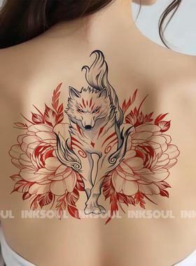 狐步生花 | 3张 肚子遮盖疤痕后背大图案九尾狐纹身贴防水不反光