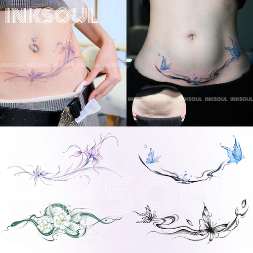 INKSOUL 新款温柔花卉纹身贴腹部遮疤新中式妊娠纹防水持久贴纸