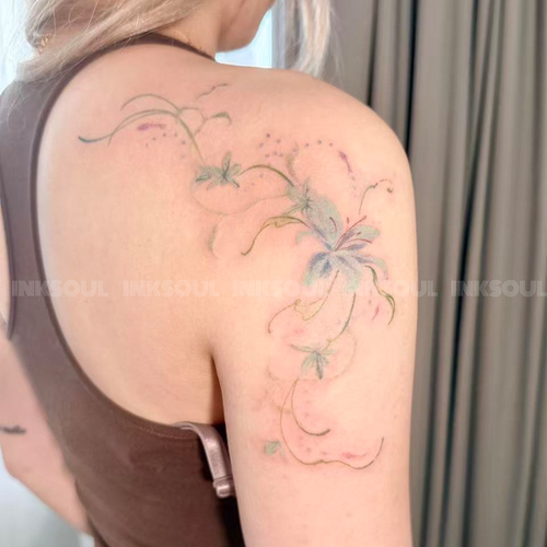 INKSOUL 绿宝石鸢尾百合花纹身贴手臂肩膀锁骨优雅防水持久遮疤贴