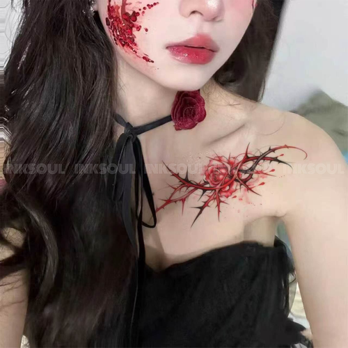 INKSOUL 玫瑰荆棘纹身贴女持久ins锁骨手臂万圣节cos防水贴纸持久