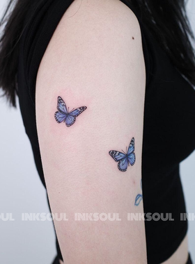 青花蝶梦 | 可水洗高颜值蓝色蝴蝶3D立体手臂纹身贴纸唯美不反光