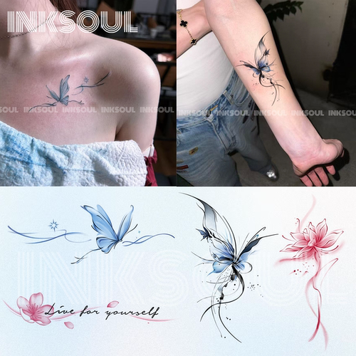 INKSOUL 爆款蓝色仙蝴蝶梦幻彩绘纹身贴ins手臂锁骨纯欲可水洗贴