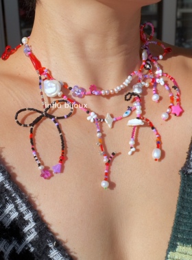 原创独立小众设计 黑粉紫蝴蝶结异形珍珠捷克琉璃choker恶魔之眼